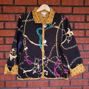 Patty Kim Reversible Quilted Jacket Women L Cotton Black Gold Chain Fleur de Lis